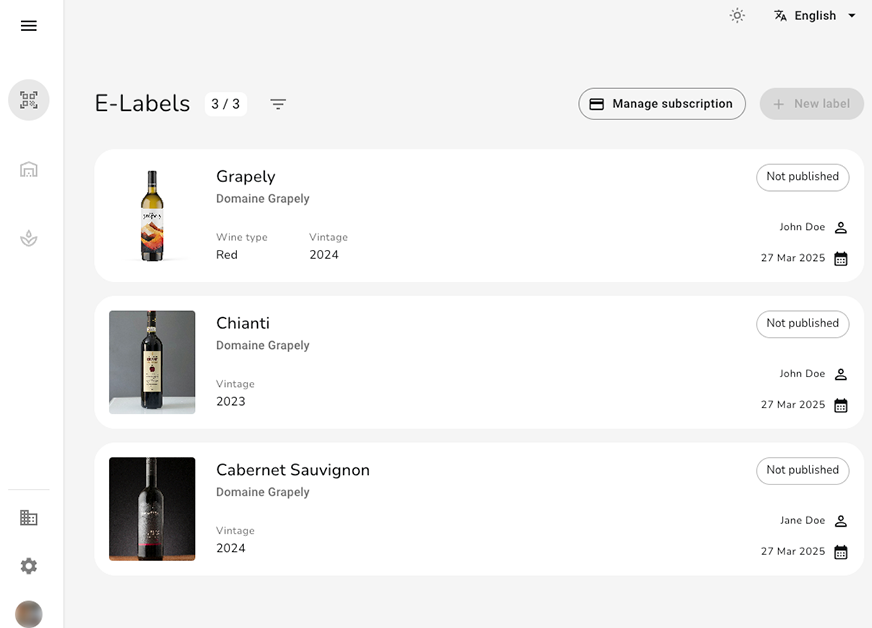 Grapely dashboard listing a winery's e-labels