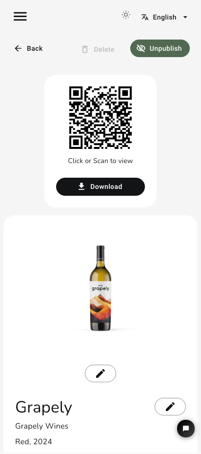 A published e-label with its QR code ready to download